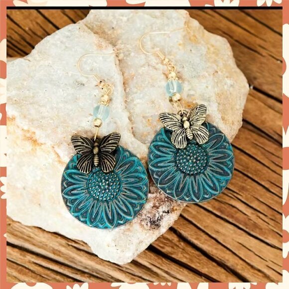 Boho Butterfly and Sunflowers Layered Earrings with Patina on French Hook #1118 - Picture 4 of 7